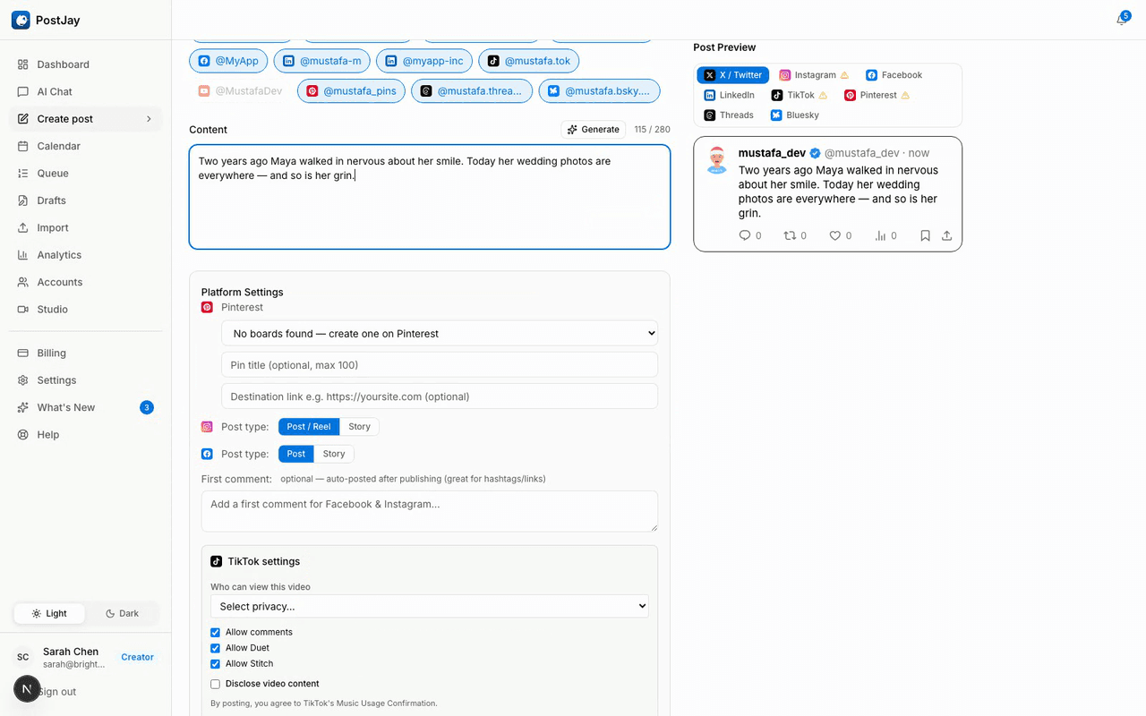 Composing one post and previewing it live across every platform
